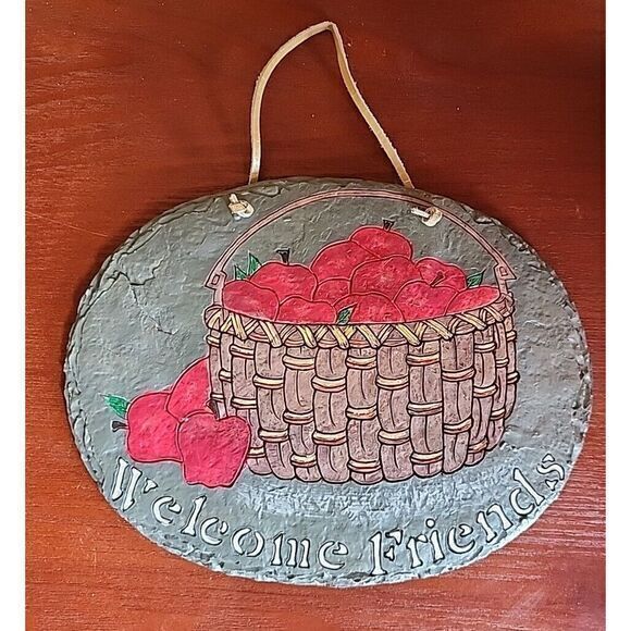WELCOME FRIENDS -BASKET OF APPLES, plaque,‎ w/ hanger - Picture 1 of 5